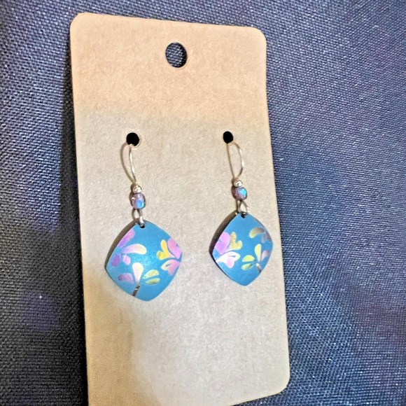 Handpainted Blue Pink Metallic Leaf Dangle Earrings Artisan Boho Iridescent NWOT - Picture 3 of 8